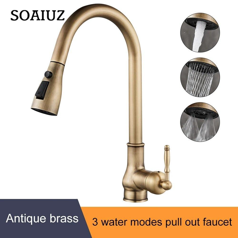 

Смесители для кухни, выдвижной смеситель для кухонной раковины из античной бронзы, кран для горячей и холодной воды с распылителем EL9021