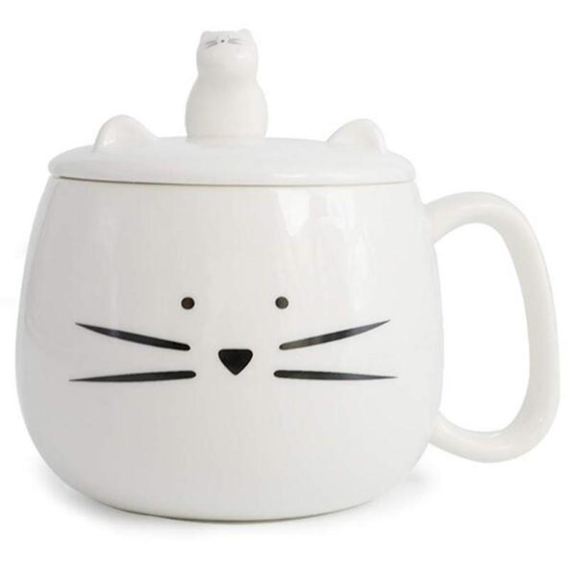 420ml Cut Cat Shaped Mug with Lid Large Capacity 14oz Ceramic Milk Coffee Cup with Mobile Phone Holder Kawaii Black White