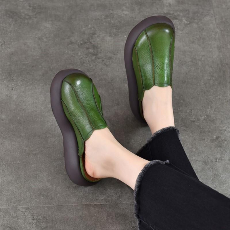 Johnature Vintage Genuine Leather Thick Soled Outdoor Slippers Round Toe Women's Slip-on Shoes
