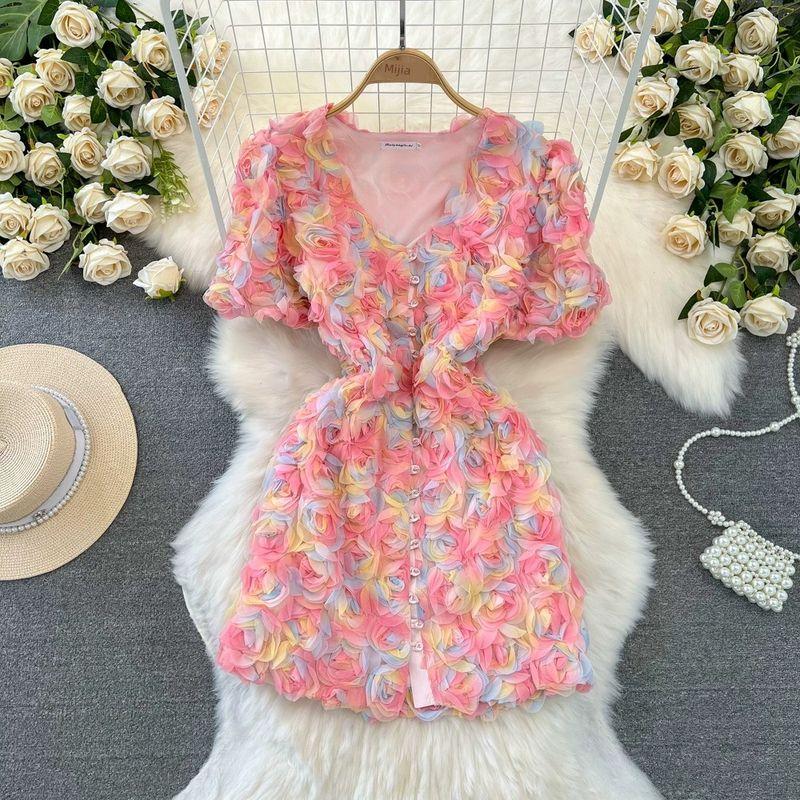 

V Neck A- line Three-Dimensional Rose Fairy Dress Short Sleeve Pink S