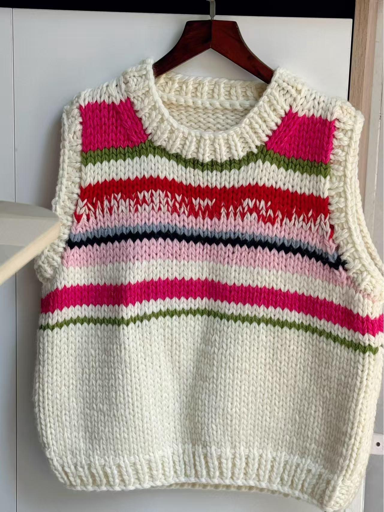 

Вязаный вручную корейский полосатый жилет: Осенний свитер для поездок на работу One Size