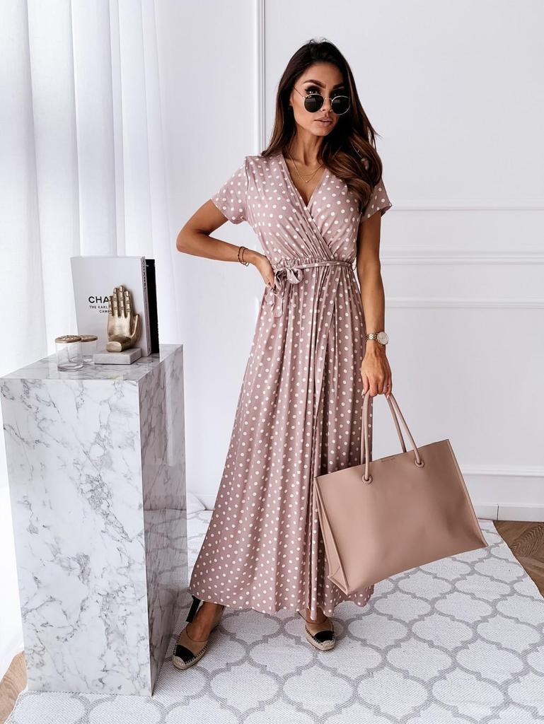 Summer V-Neck Bohemian Polka Dot Long Dress with Short Sleeves