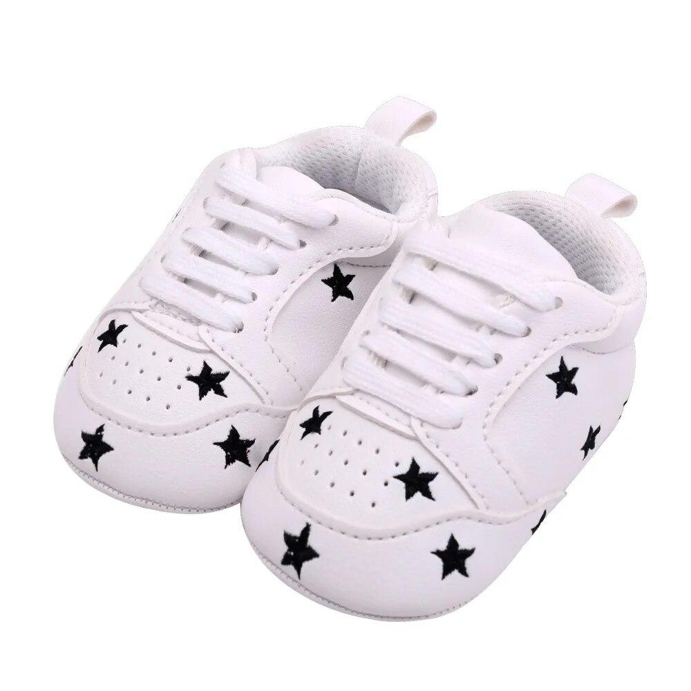 2023 Baby Shoes For Newborn Baby Boys Girls Print Heart Star Pattern First Walkers Kids Toddlers Soft Sole PU Sneakers For 0-18M