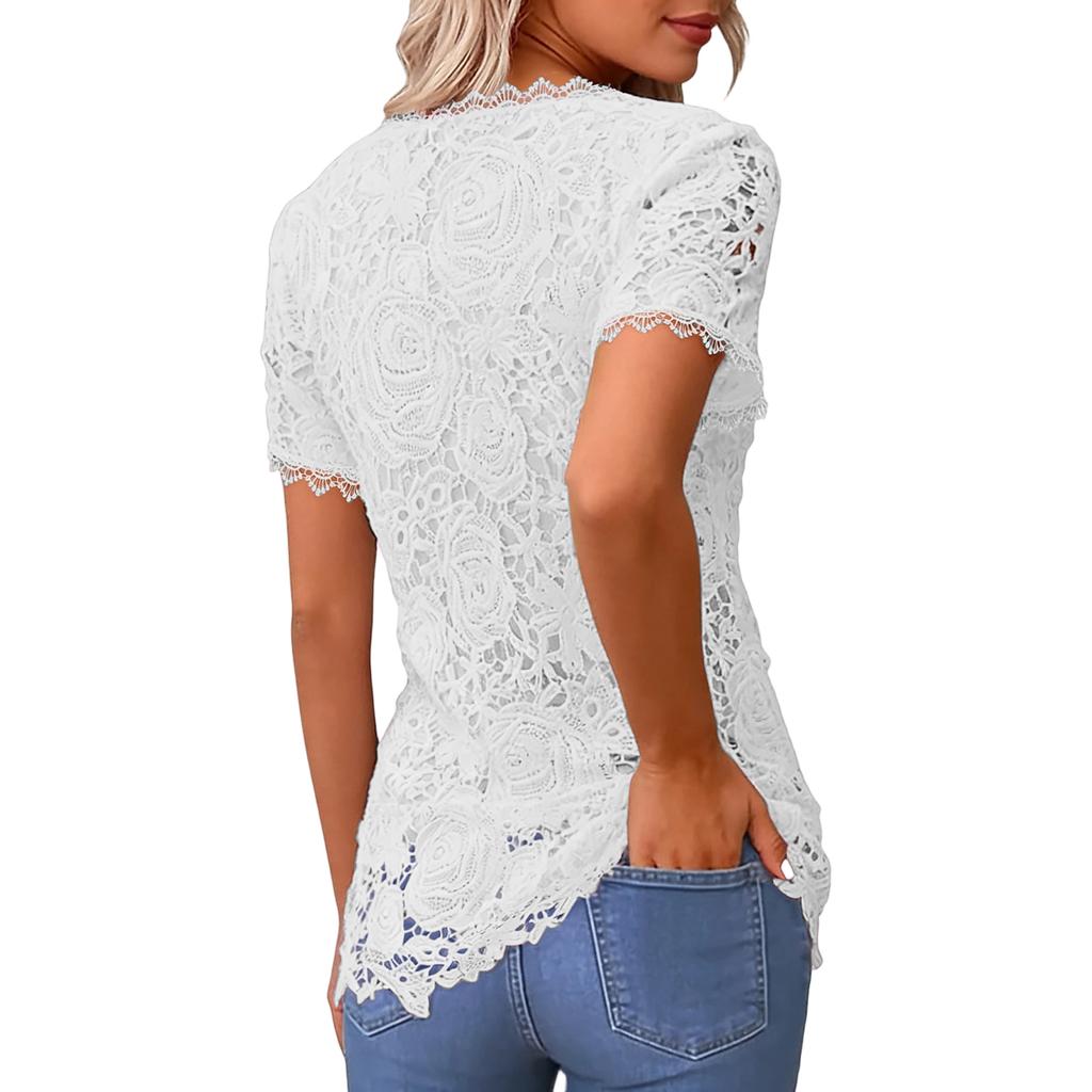 Ladies' Color Casual Elegant Short Sleeved T-shirt Lace Top