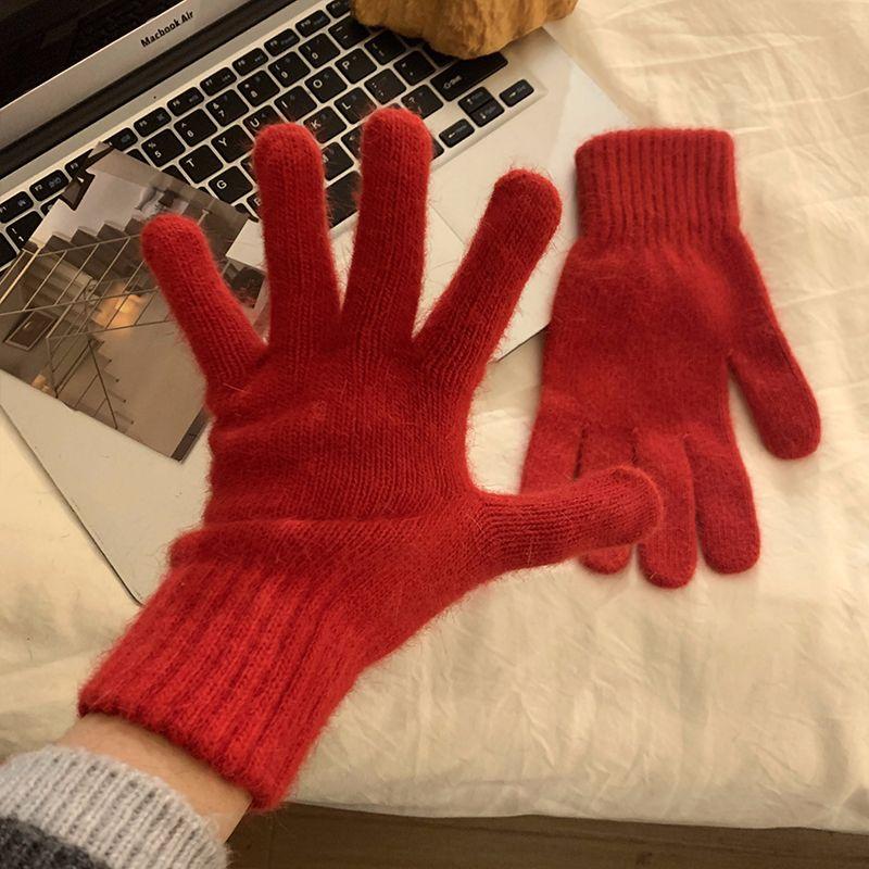 

Korean Style Red Rabbit Fur Knitted Five Finger Gloves Female Winter Students Warm-Keeping Cold Protection Thickening Cycling Gloves Winter Red One size