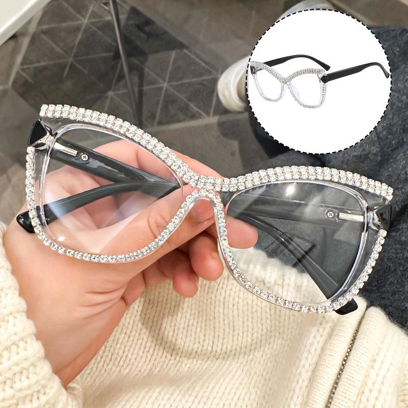 Large Frame Cat-Eye Anti-Blue Light Reading Glasses with Handmade Diamond Decoration