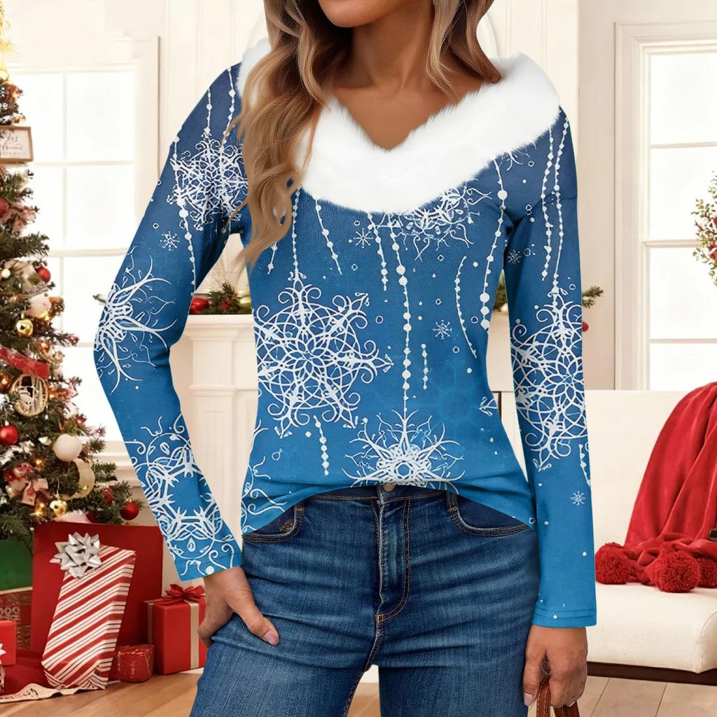 Damenmode Lässig Langarm Weihnachten Bedruckt Plüschkragen V-Ausschnitt Oberteil