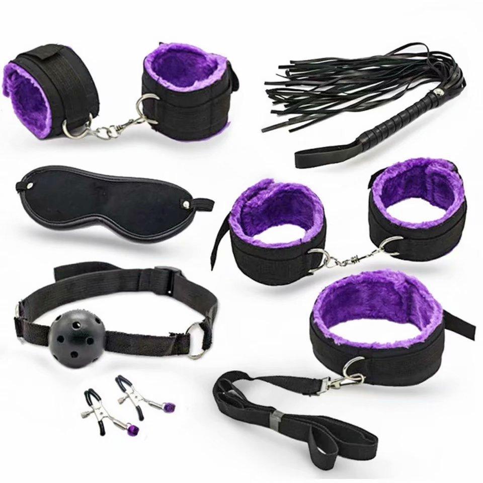 7pcs/set for Woman PU Leather SM Bondage Set Sex Handcuffs Footcuffs Whip Rope Eye Mask Blindfold Erotic Toys Couples