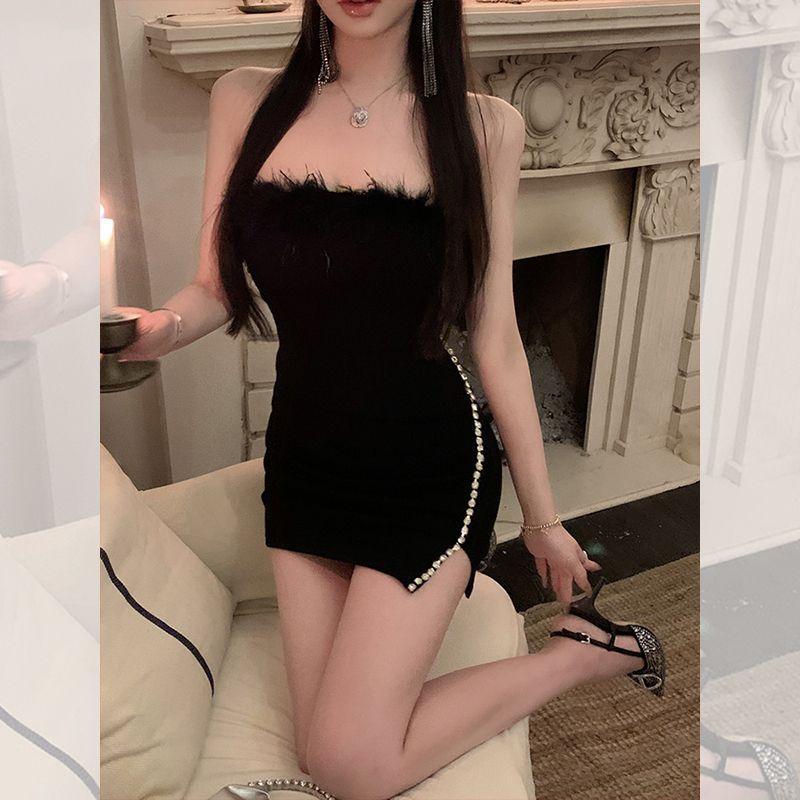 French Pure Desire Hairy Split Tube Top Dress Spring and Summer New Sexy Tight Inside with Hip-wrapped Short Skirt Women