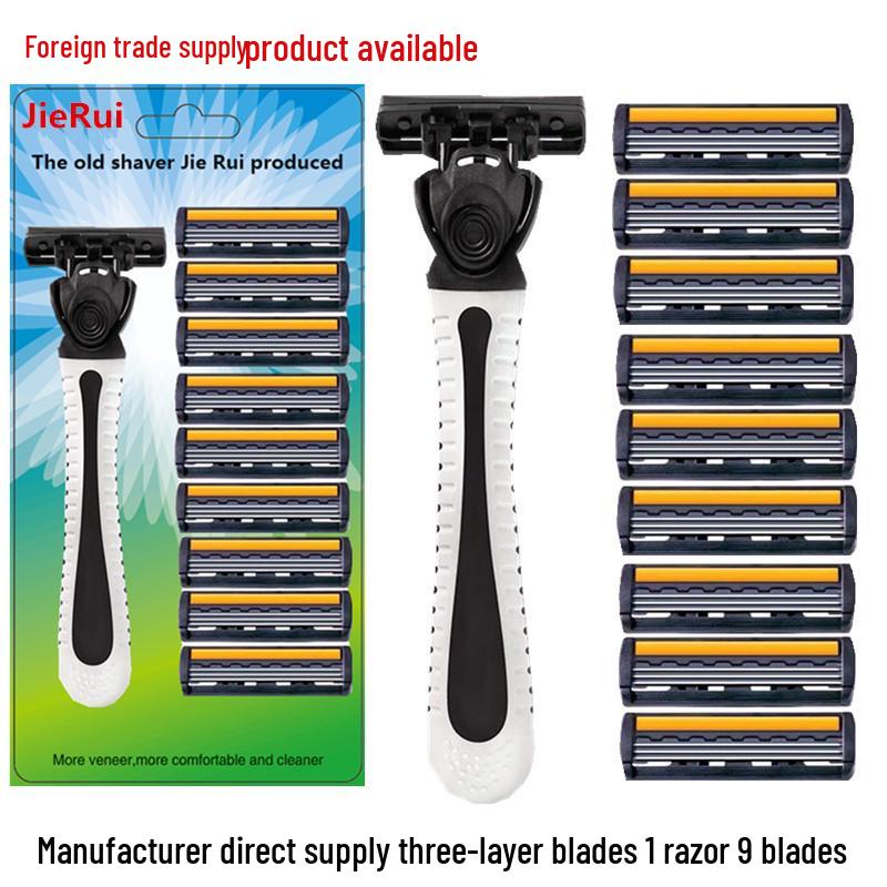 Three-Layer Stainless Steel Manual Razor - Includes 1 Handle & 9 Blades for Men