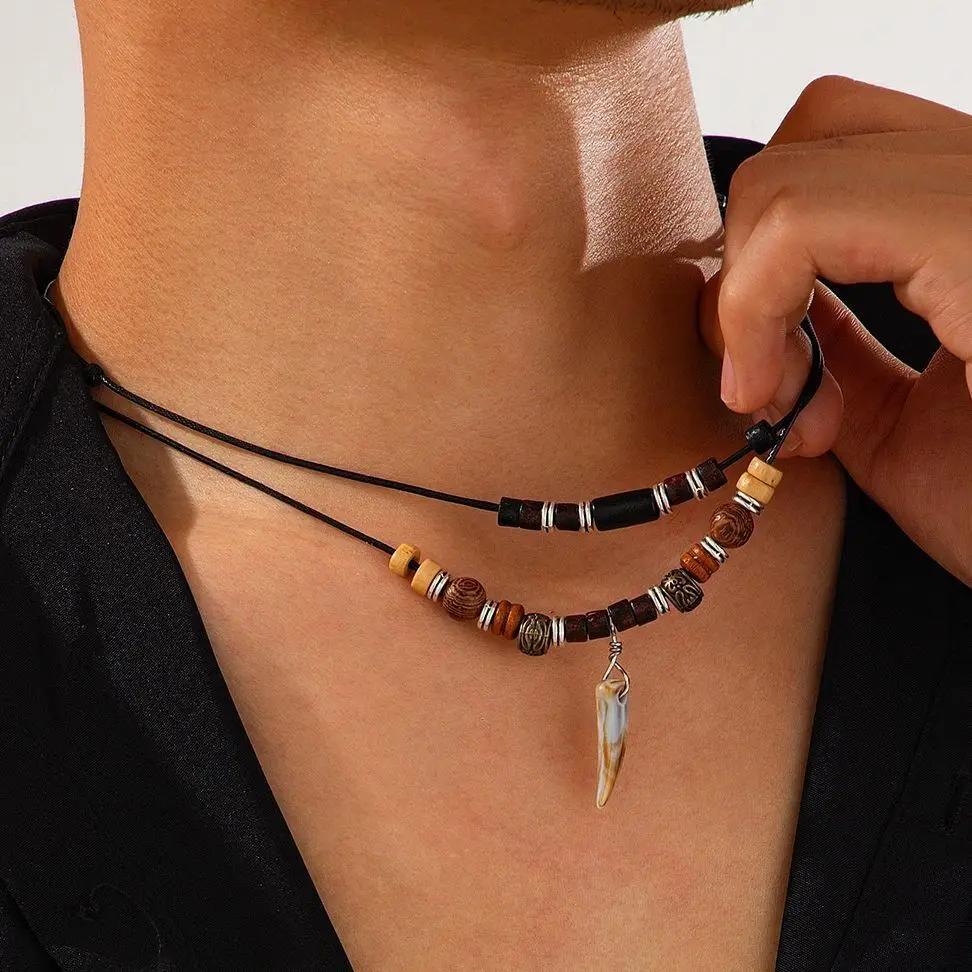 New 2Pcs/Set Ethnic Adjustable Wax Thread Rope Chain Necklace Men Trend Vintage Wolf Tooth Pendant Choker Male Neck Jewelry