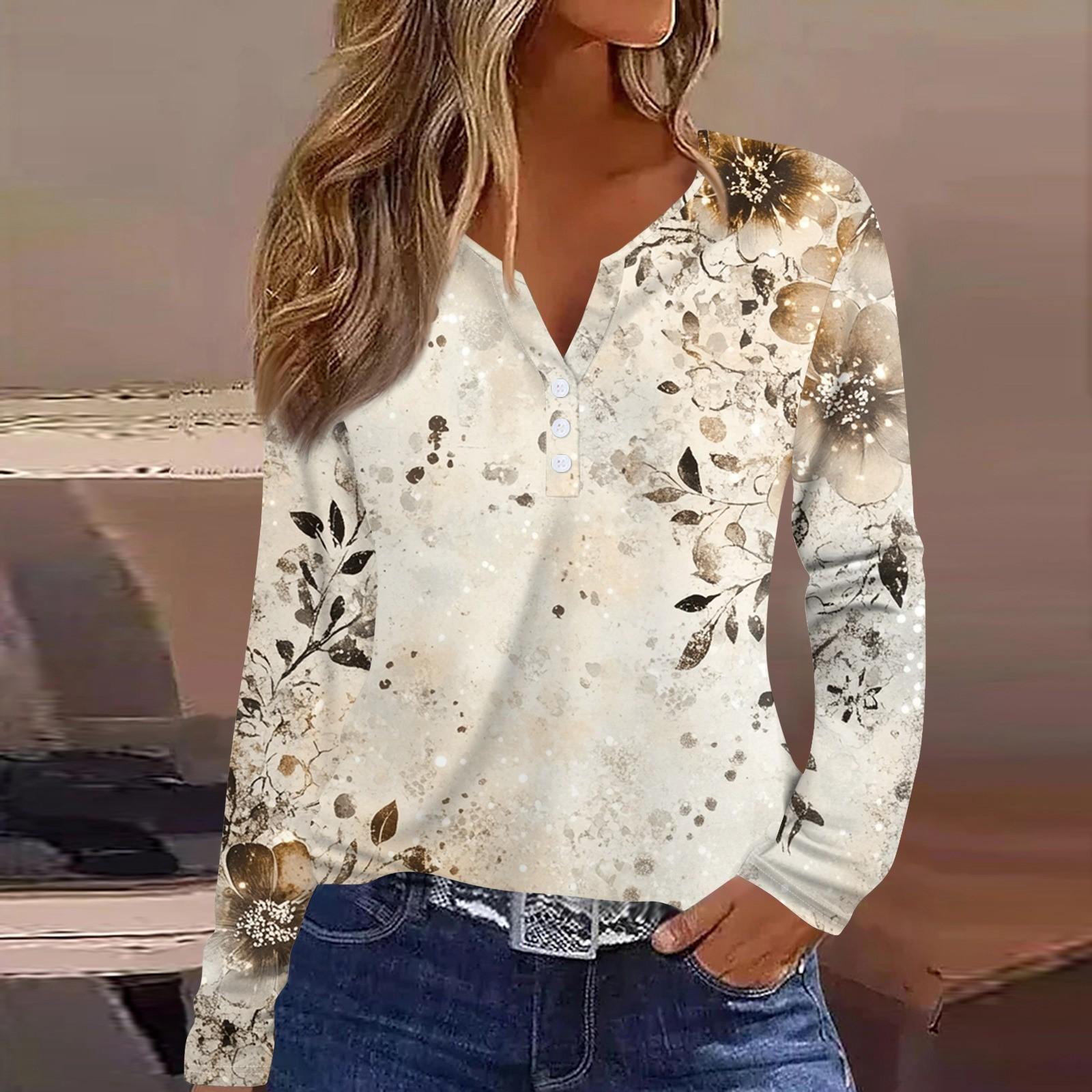 Жен. Футболка Футболка С принтом Пуговицы Длинный рукав Повседневные Выходные Мода — фото 15