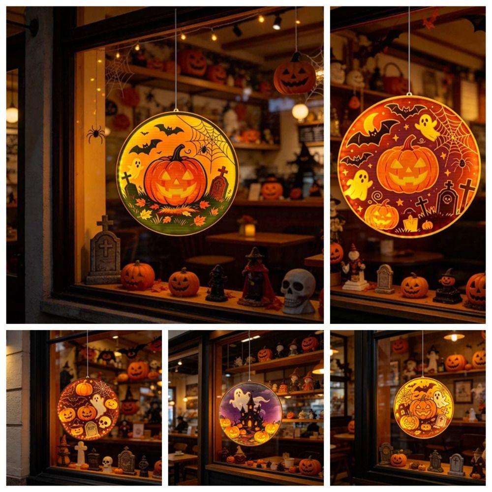 Warm Yellow Glow Pumpkin Hanging Lamp Ghost Silhouette Light Holiday House Decoration