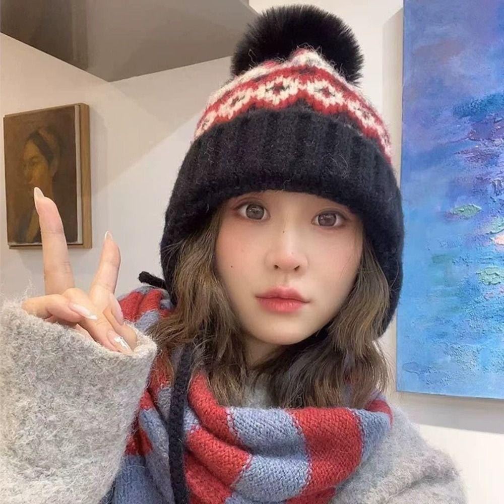 Warm Fair Isle Style Beanies Wool Lei Feng Hat Retro Jacquard Knitted Hat Girls