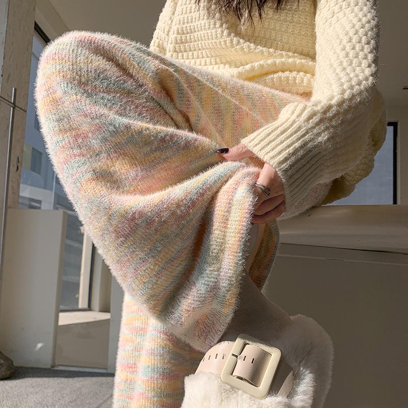 Spring 2024 Rainbow Knit Cashmere Wide-Leg Pants for Women - Loose, Casual & Stylish