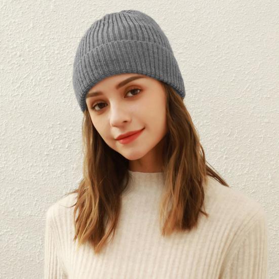 Women Winter Hat Solid Color Thick Warm Knit Hat Brimless Ribbed Breathable Hat with Good Elasticity Headwear