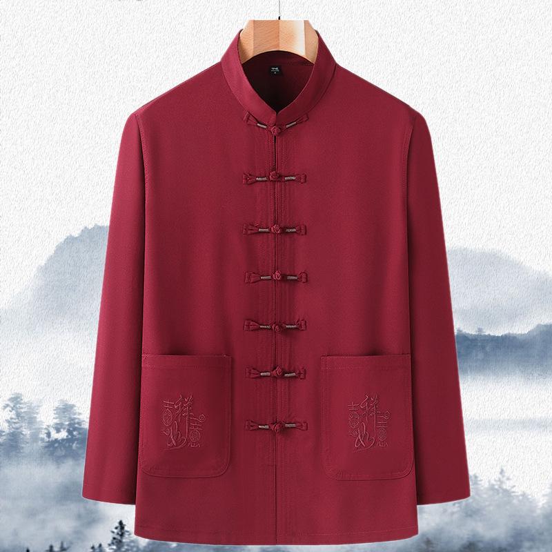 Pánský Tang oblek s dlouhým rukávem: Hanfu v čínském stylu pro jaro/léto - Ideální pro střední věk a seniory, tatínkovo a dědečkovo tričko na tai-či