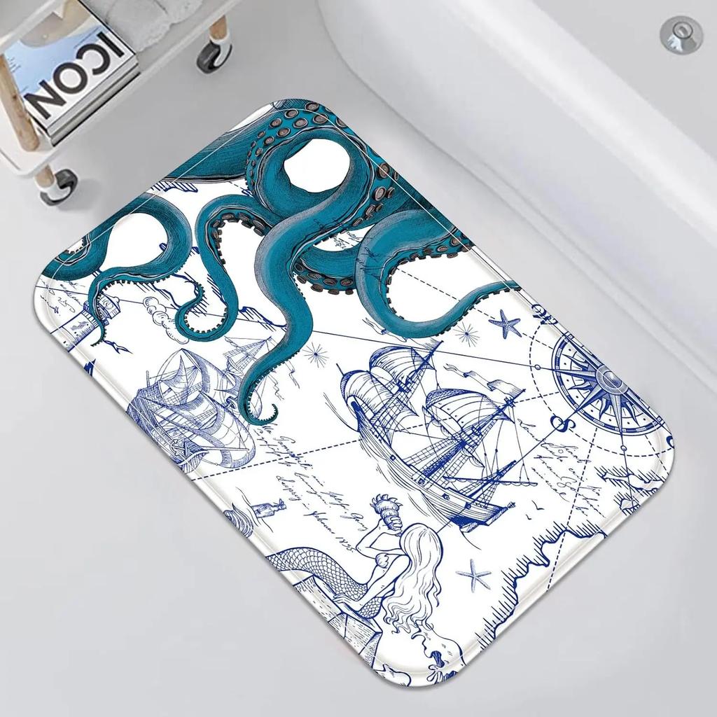 Ocean Themed Retro Map Doormat Octopus Mermaid Sailboat Floor Mat Suitable for Living Room Bedroom Bathroom Entrance Doormat