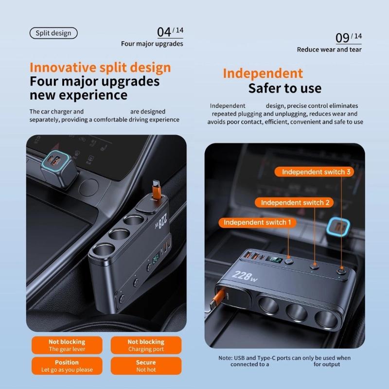 Car Chargers Splitter for Simultaneous Charging 228W Output QC3.0 PD45W with Telescoping USB C Cable LED Battery Monitor