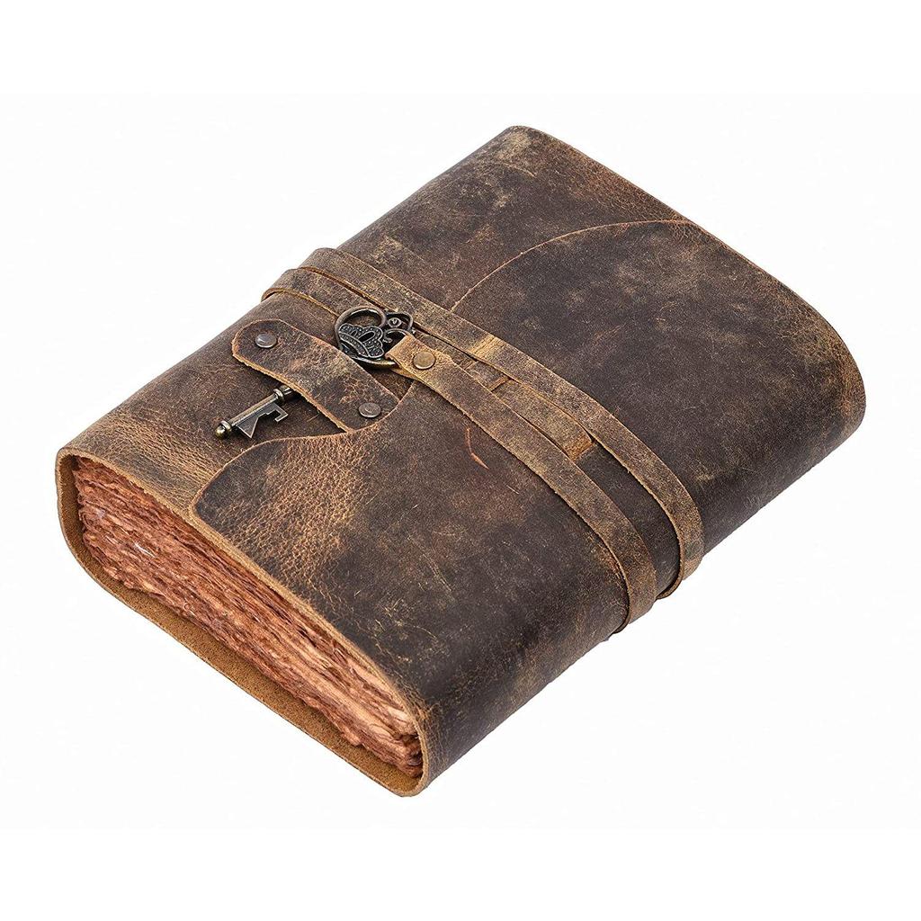 Handgjord vintage läderdagbok - Vintage handgjorda sidor - Antik nyckelstängning - Distressed Brown Color. Storlek 10x7 tum