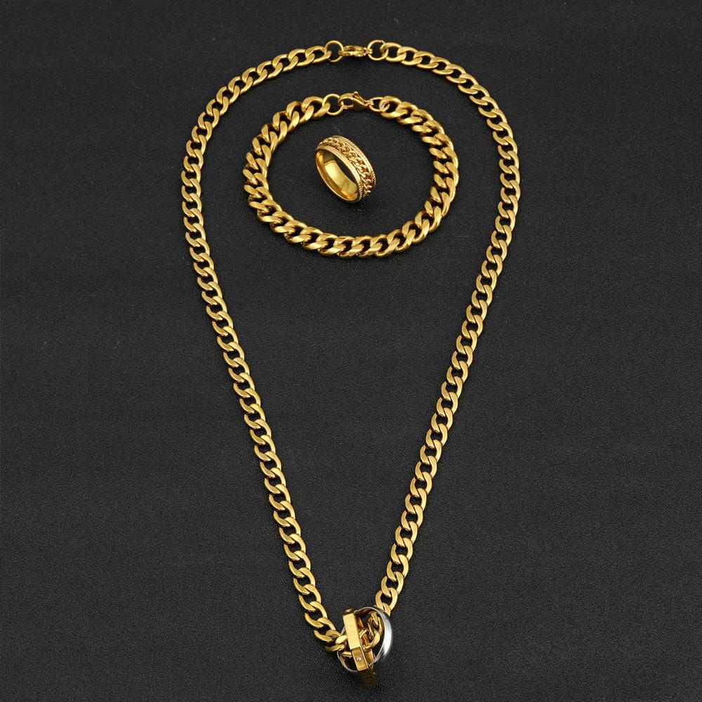 Stainless Steel Jewelry Set, Hip Hop Street Cuban Necklace Bracelet, 18k Gold Plated Chain Ring