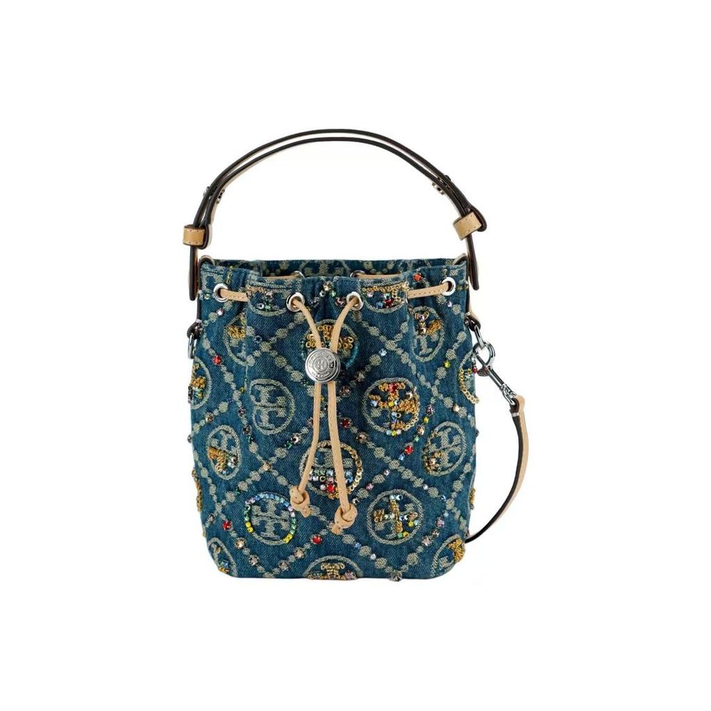 Tory Burch T Monogram Denim Jacquard Beaded Detail Sequin Bucket Bag Fabric Shoulder Tote Mini Women Bags Blue 174266-1025