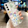 Floral Print Diamond Frame Phone Case For Samsung S25 Edge S24 FE S23 Ultra S22 A56 A36 A16 A15 A55 A35 Clear Shockproof Soft Silicone Cover