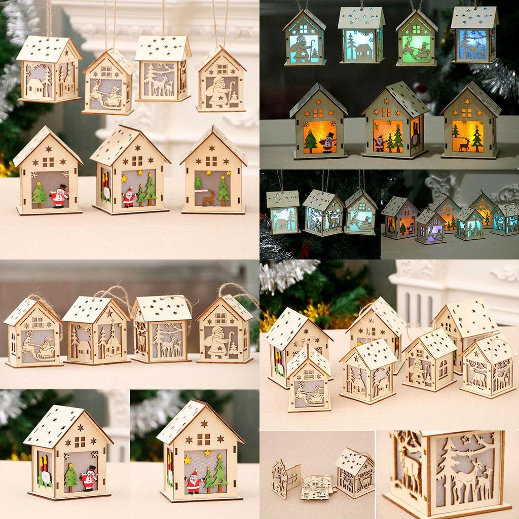 Elegant Led Light Wood House Ornament For Christmas Tree Hanging Decor