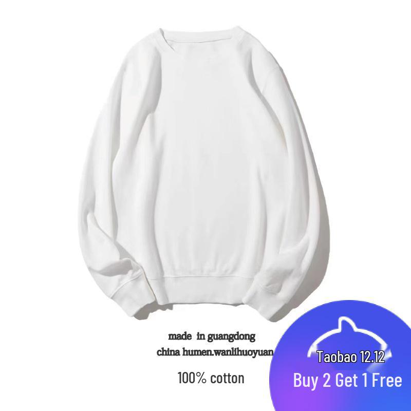 Spring Crew Neck Sweatshirt: Drop Shoulder, Solid Color, Long Sleeve, Logo-Printed Workwear.