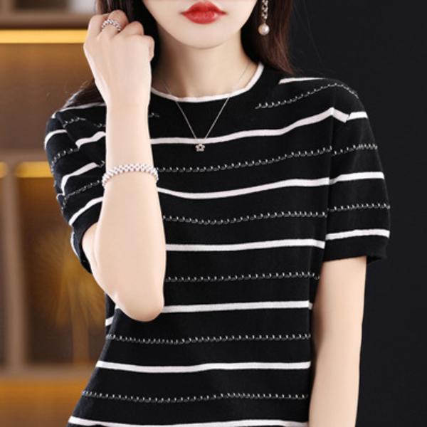 Tricou din bumbac de vară Pulover casual pentru femei Pulover de modă tricotat cu mânecă scurtă cu gât rotund Tricou cu dungi