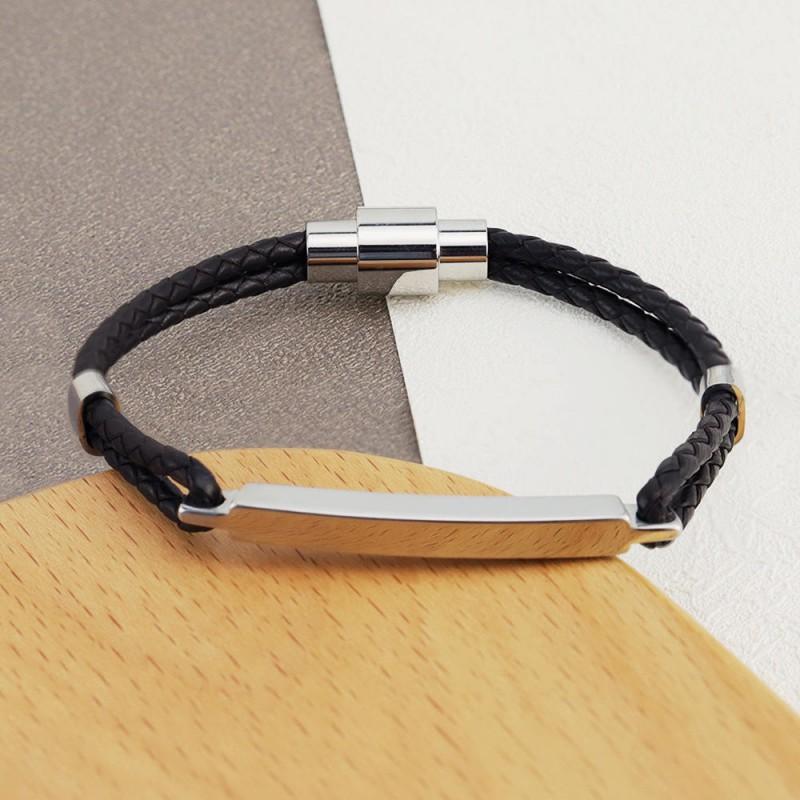 Edelstahl Doppelschicht Geflochtenes Lederseil Armband Herren Damen Individuelle Gravur Mode Geometrisches Design
