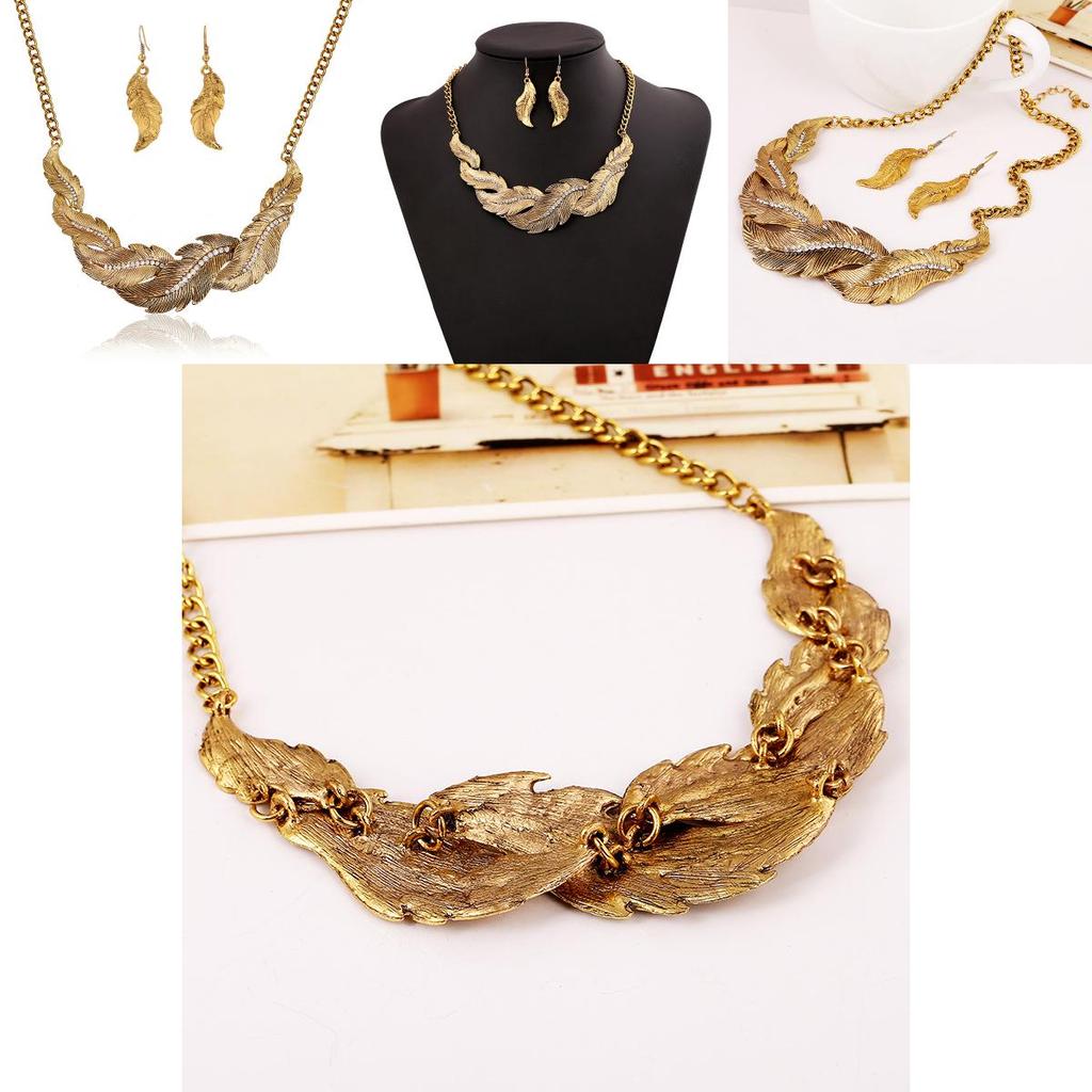 Rhinestone Fashion Decoration Feather Design Women Gold Necklace And Earring Set