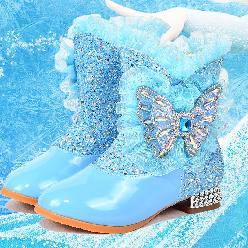 Girls' Plus Velvet Rhinestone Butterfly Boots - Warm Autumn/Winter High-Heeled Short Boots for Kids.