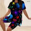 Women Plus Size 2 Piece Set Crew Neck Short Sleeve Side Slit Top Biker Shorts Neon Graffiti Heart Star Print Outfit