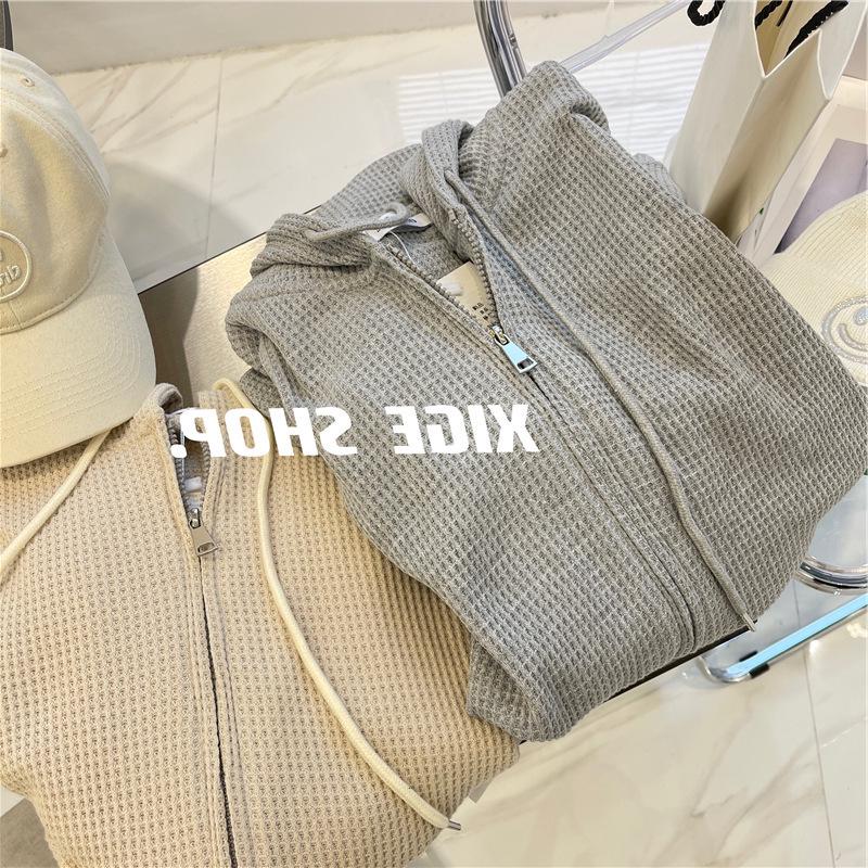Women's Waffle Knit Hooded Zipper Cardigan - New Loose Slim Design for Autumn/Winter