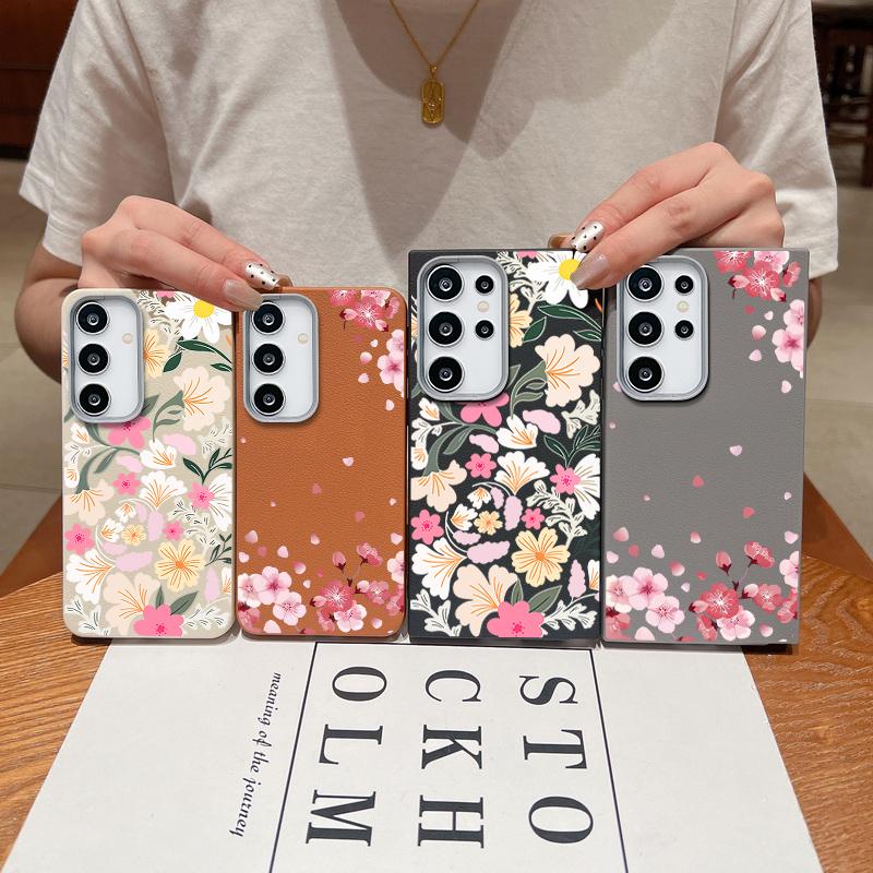 For Samsung S25 Ultra S24 FE S23 S22 S21 A56 A36 A16 A55 A15 Case Sakura Floral Print Soft Shockproof Slim Matte TPU Leather Texture Phone Cover