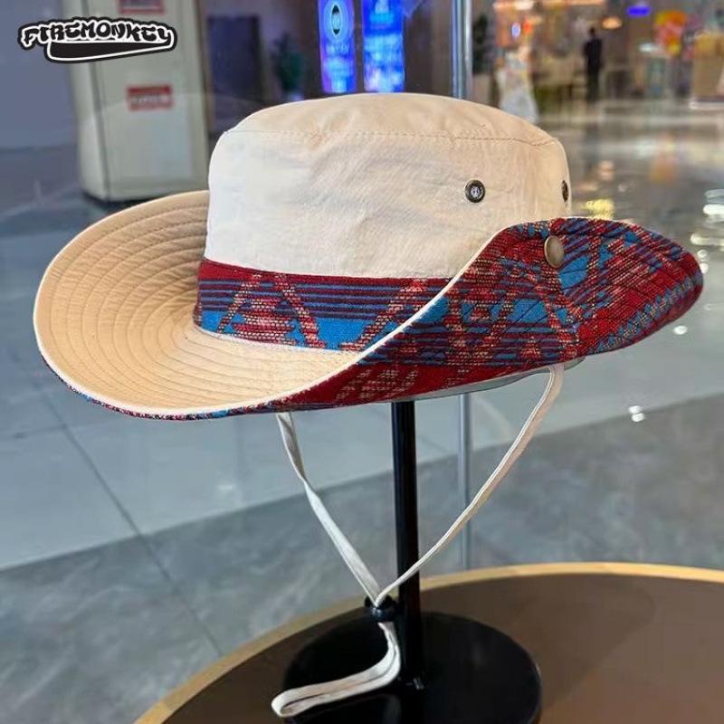 New Retro Mountaineering Hat Ethnic Style Outdoor Large Brim Sun Hat Sun Protection Summer Sun Cover Fisherman Hat Children