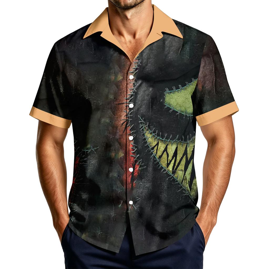 Men's Casual Short Sleeve Shirt with Halloween Print for Parties and Everyday Wear