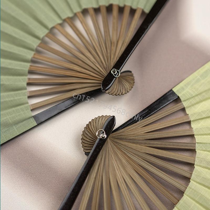 Solid Color Shell Fan Natural Fiber Fabric Foldable Breathable Handheld Retro Cooling Fan 6XDE