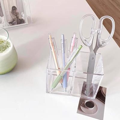 Clear Makeup Brush Holder Pen Pencil Cup Stand Cosmetic Storage Box Desktop Stationery Organizer With Compartments