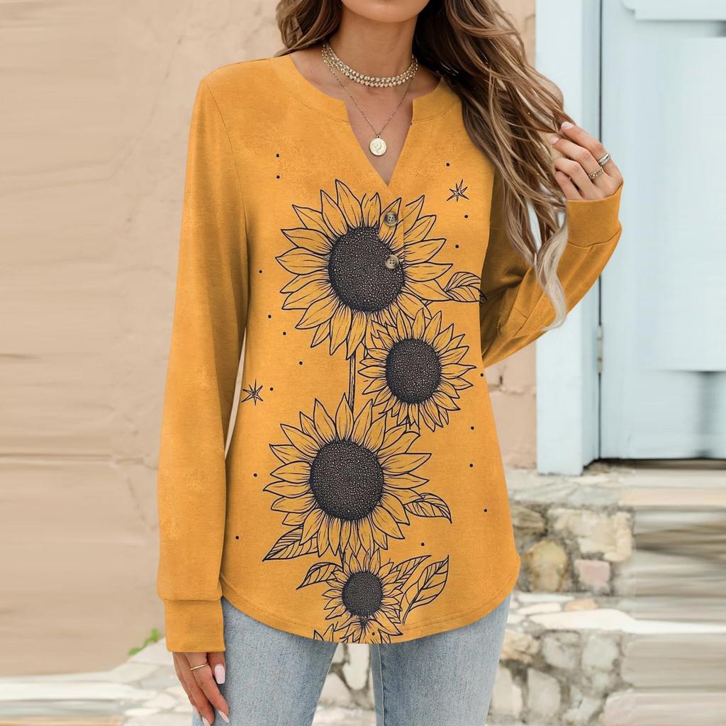Women's Fashion Casual Floral Print Long Sleeve T-Shirt Pullover Top