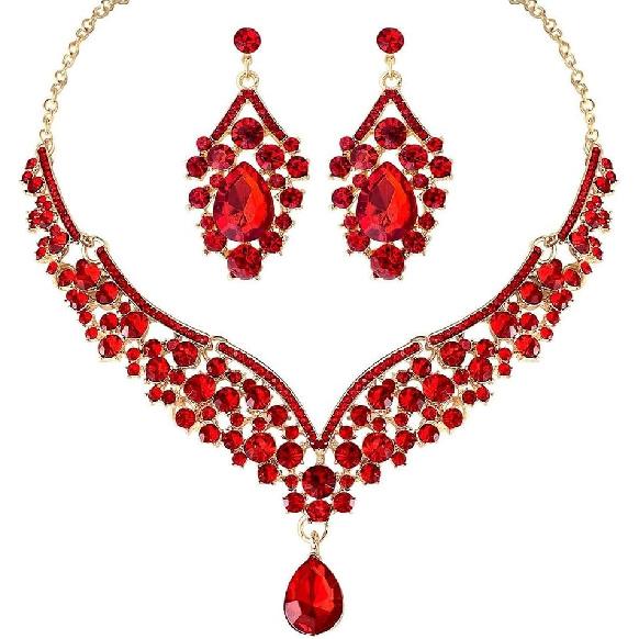 Beaded Necklace and Earring Set with Rhinestone Chains, Clear Stones, Fashion Jewelry Accessories for Women