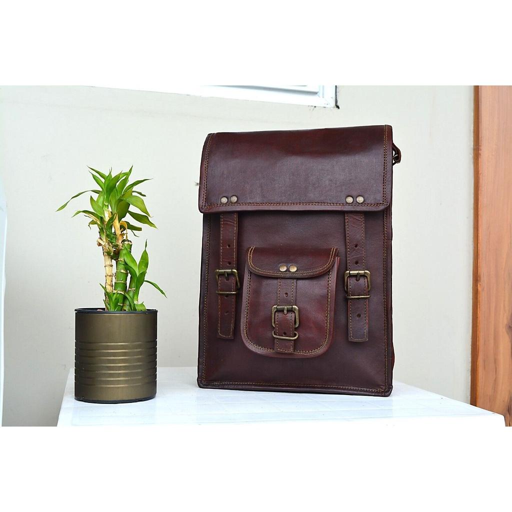 Vintage Leather Bags Full Grain Messenger Crossbody I-pad Bag Satchel Goat Hide