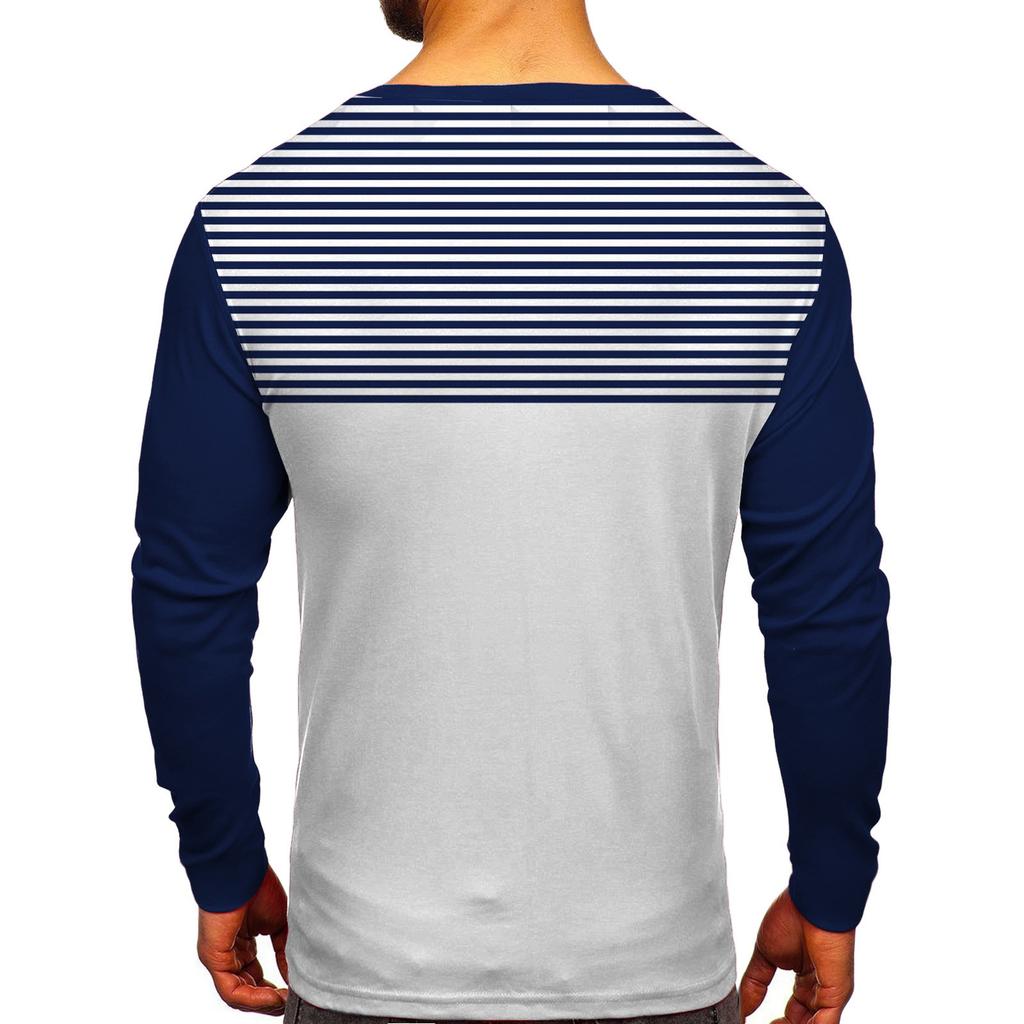 Men's Fashion Casual Stripe Printed Long Sleeve O-Neck Shirts Tops Blouse
