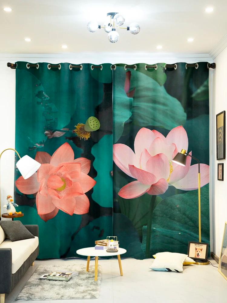 Chinese Lotus Floor-to-ceiling High Shading Curtain Bedroom Living Room Decoration Blackout Curtain Fabric Drape Lotus Style