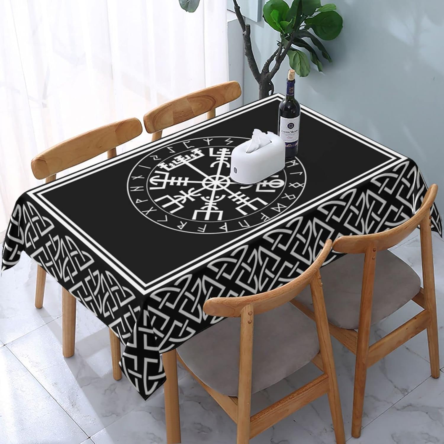 Nappe Rectangle Imperméable Viking Celtes Noir Blanc Décoration de Fête Réutilisable Nappe de Table de Cuisine Salle à Manger Décorations Viking Celtes 140x180cm