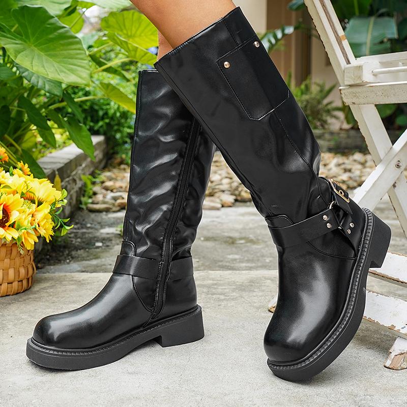 Fashion Chunky Platform Biker Boots for Women 2025 Autumn Winter Knee High Boots Woman Fashion Belt Buckle PU Leather Long Botas Mujer