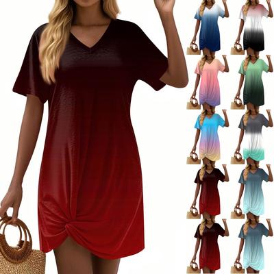 Women's Fashion Casual Loose Printed Short Sleeve V-Neck Dresses