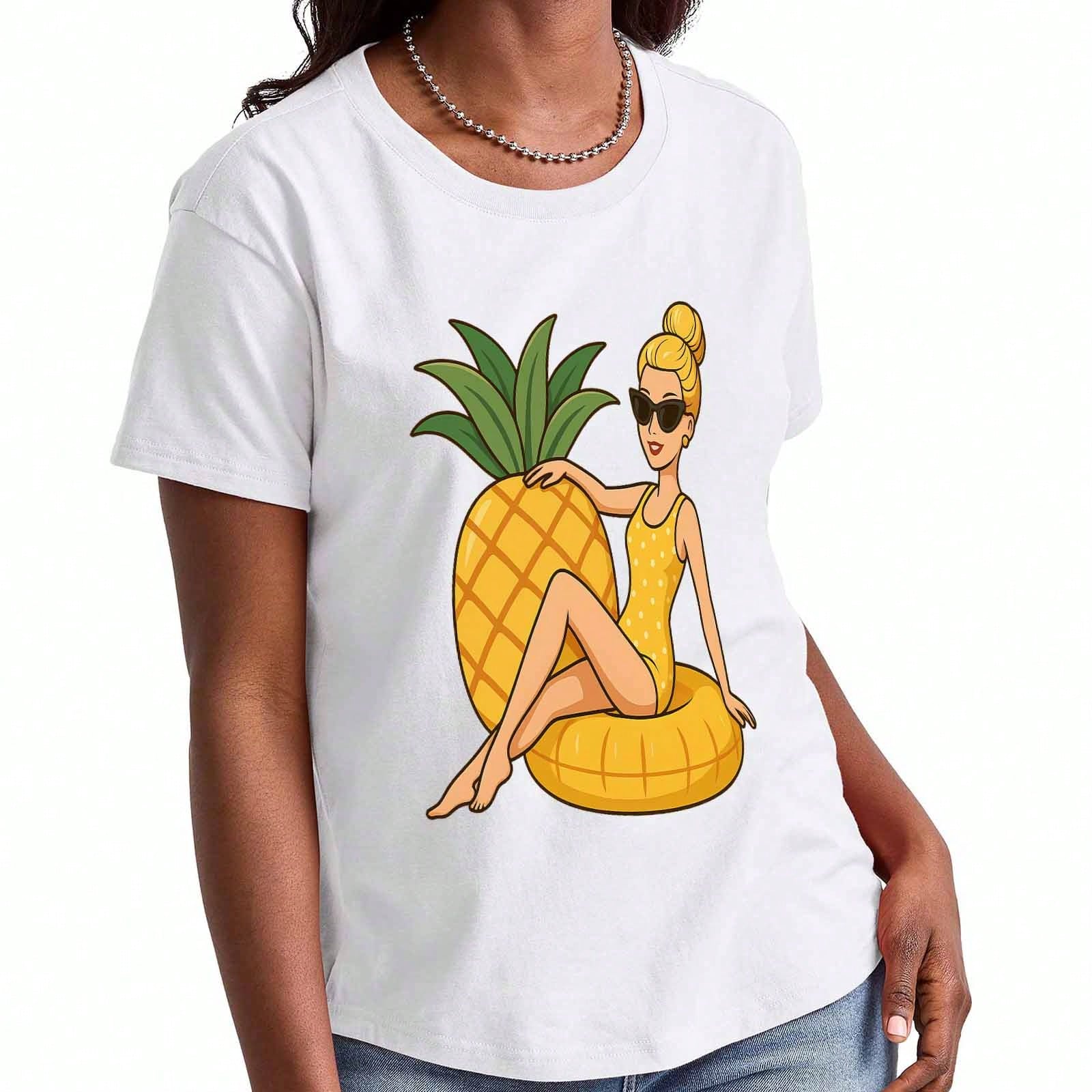 Pineapple Girl Wounisex s Cotton T Shirt, Premium Cotton Quality Print, Featuring A Summer Vibe Design With A Girl On A Floatie With Pineapple, Durabl S разноцветный