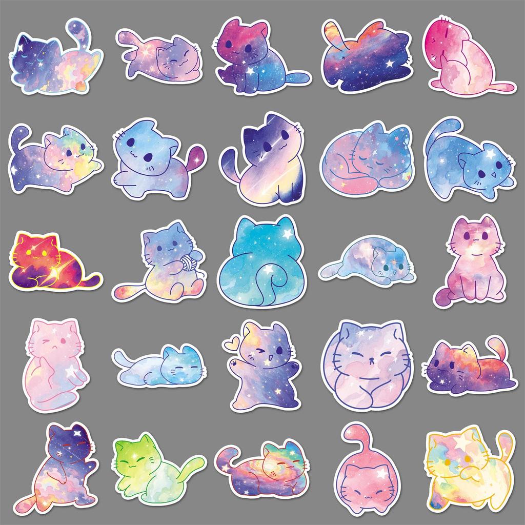 50 Sheets Starry Sky Cat Graffiti Stickers: Hand-Painted Watercolor Kittens for Water Bottles & Journals